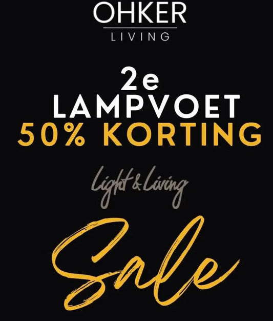 Advertentie voor 50% korting op de tweede lampvoet bij Ohker Living, sfeer en stijl voor je interieur.