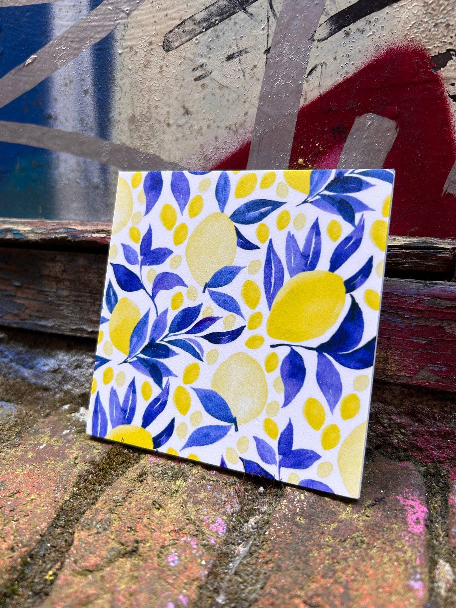 Citroen met blauw - Forex tegeltje 10x10cm tegeltje Lourens Exclusive